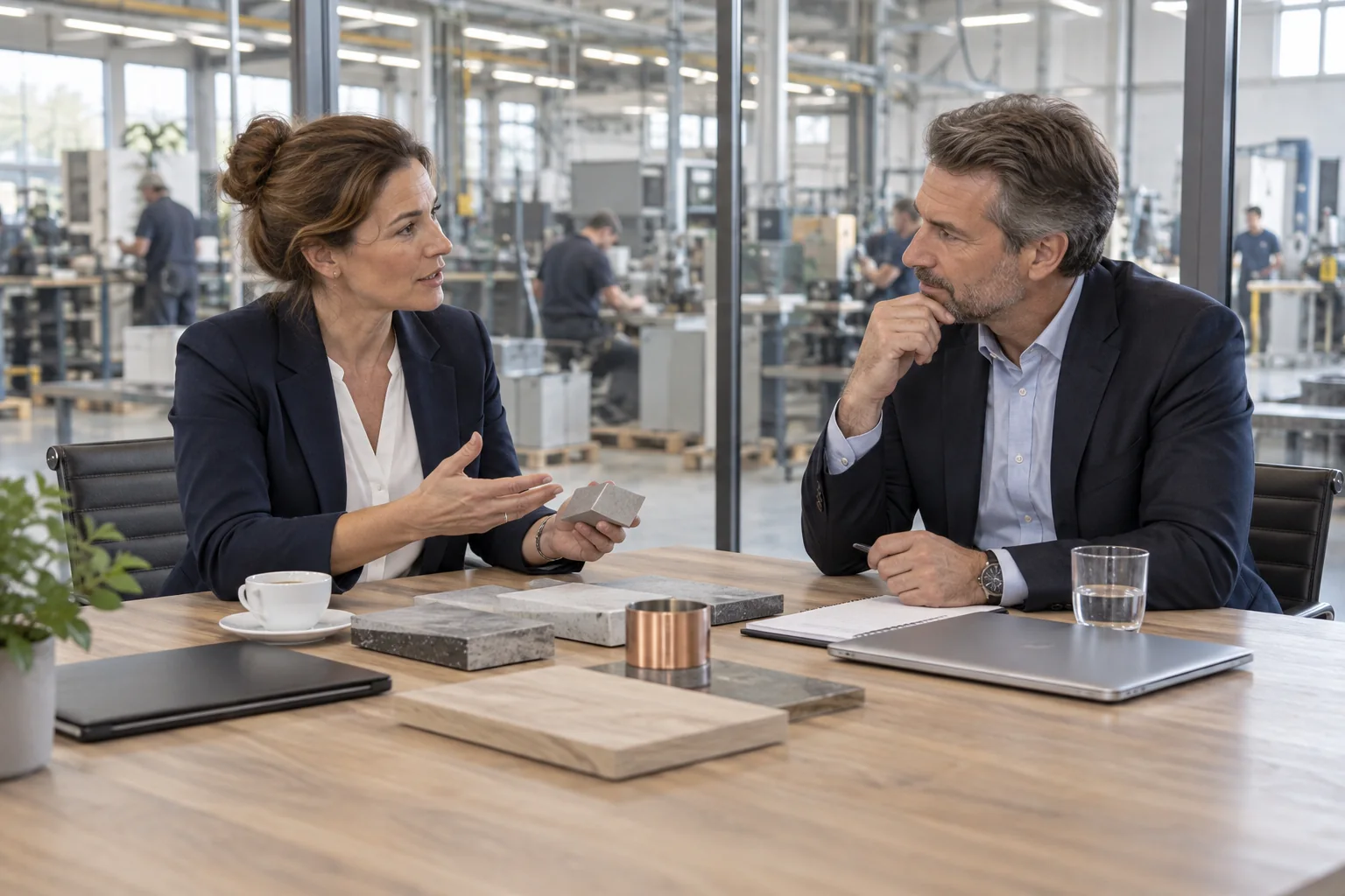 Unternehmer bei einer Verhandlung mit Blick in eine Werkhalle